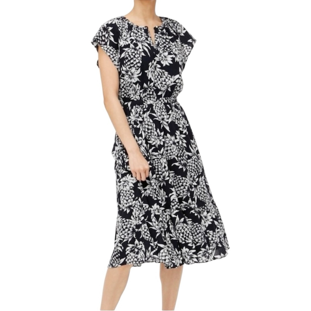 J. Crew Midi Dress Split Neck Pineapple Pockets Navy Blue & White Womenโs Size 2